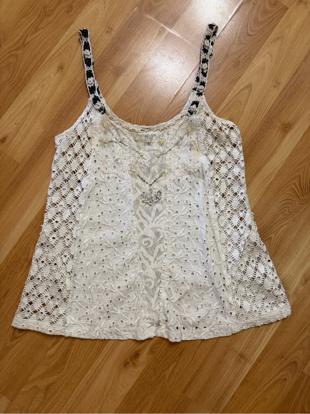 Vintage Free People Crocheted Lace Tank Top with Embellished Neckline